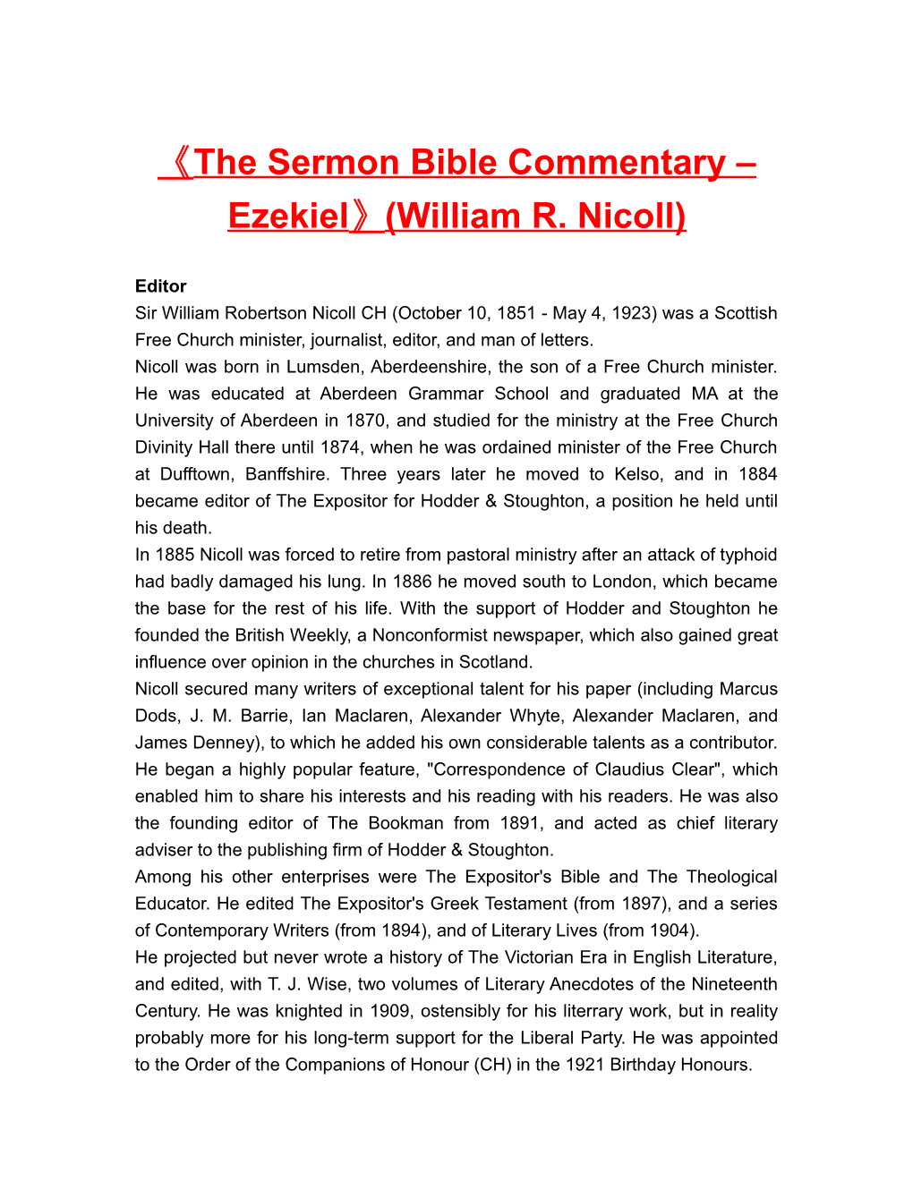 The Sermon Bible Commentary Ezekiel (William R. Nicoll)