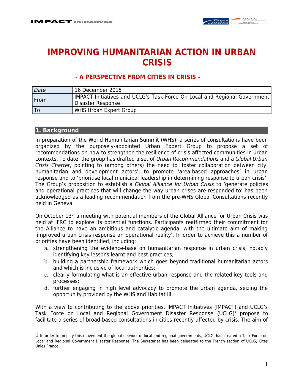 IMPROVING HUMANITARIAN Action in URBAN CRISIS