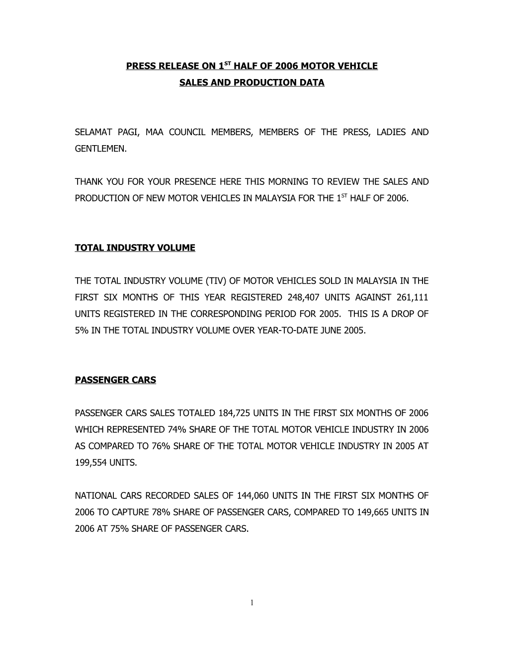 Press Release on 1St Half of 2000 Motor Vehicle Sales Data