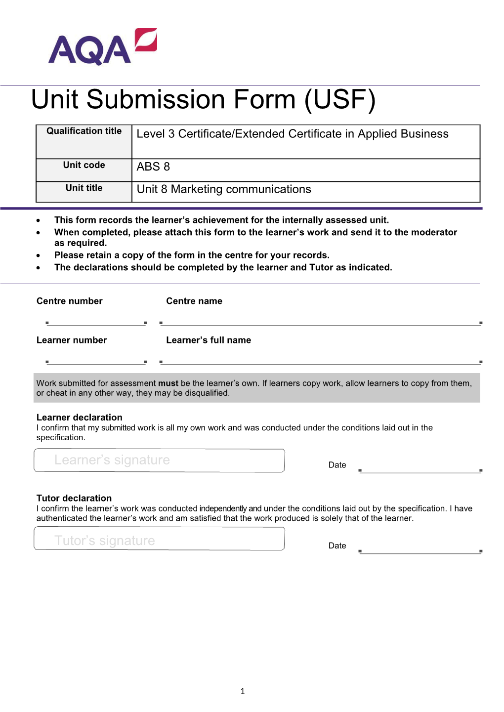 This Form Records the Learner S Achievement for the Internally Assessed Unit s1