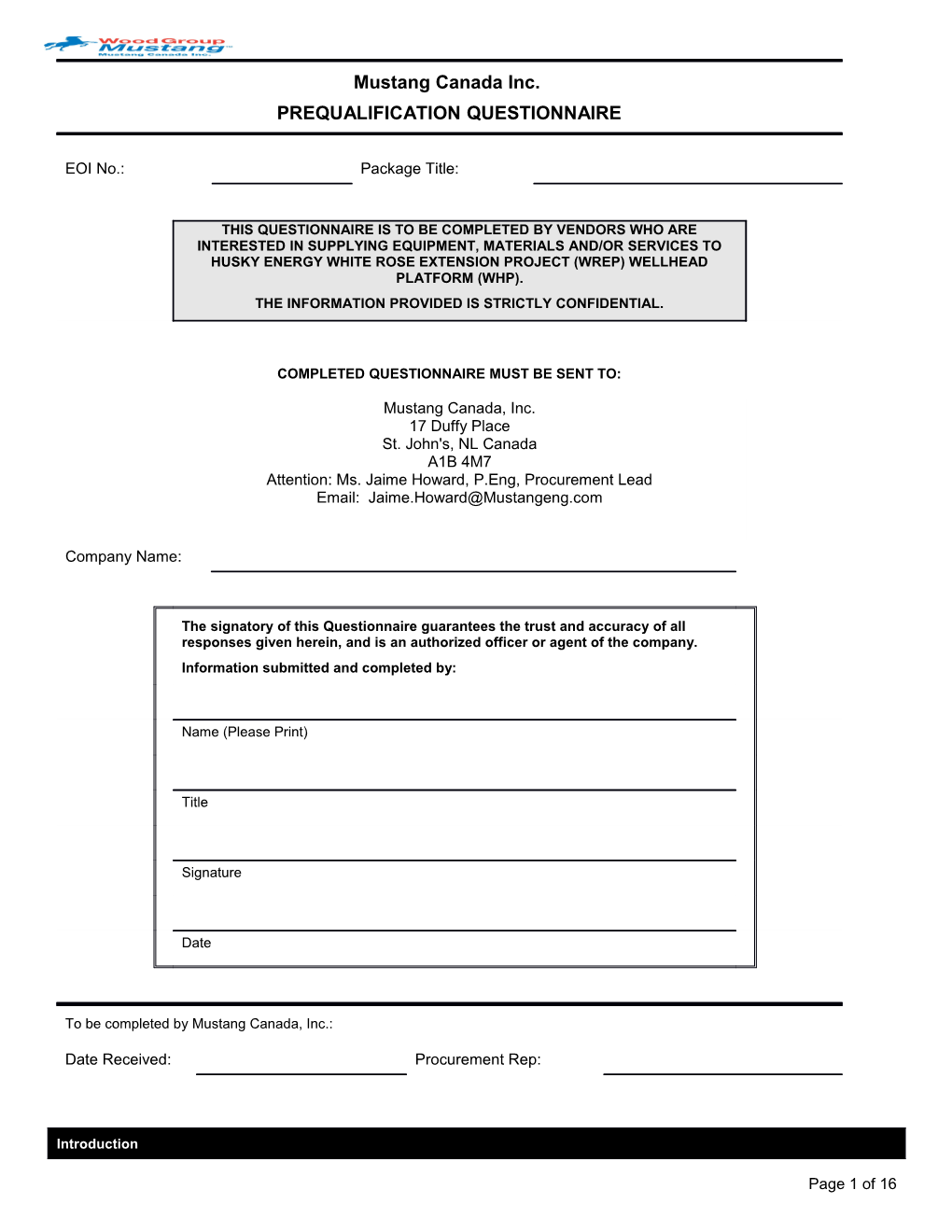 EOI-101414-106-Mustang Canada Inc. Supplier Pre-Qualification Questionnaire (DRILLING)