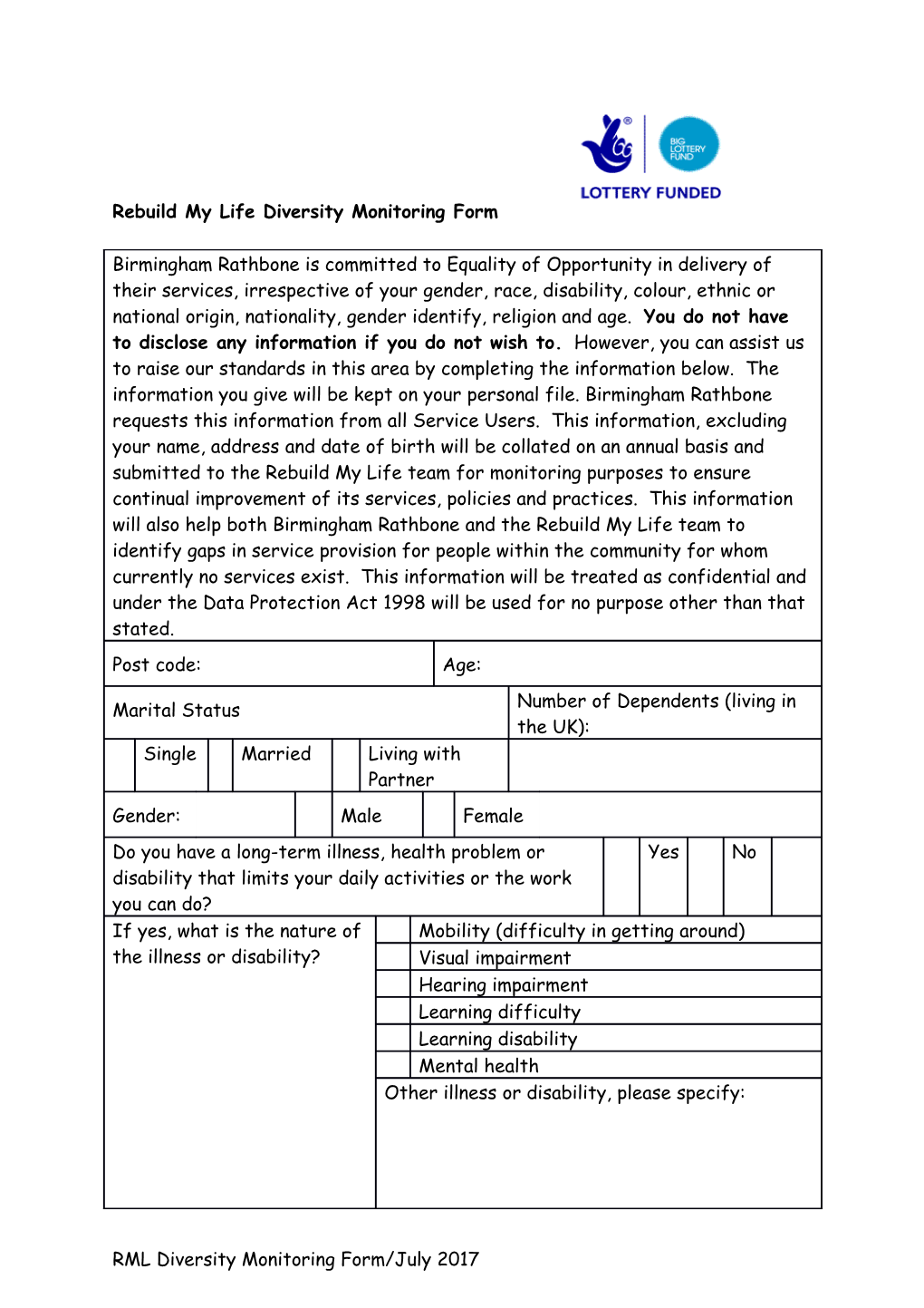 RML Diversity Monitoring Form/July 2017