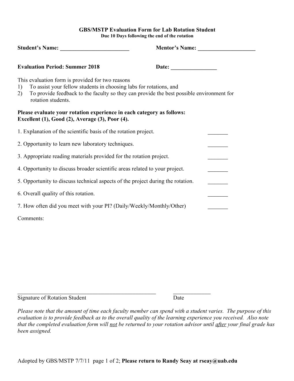 Evaluation Form for Lab Rotations