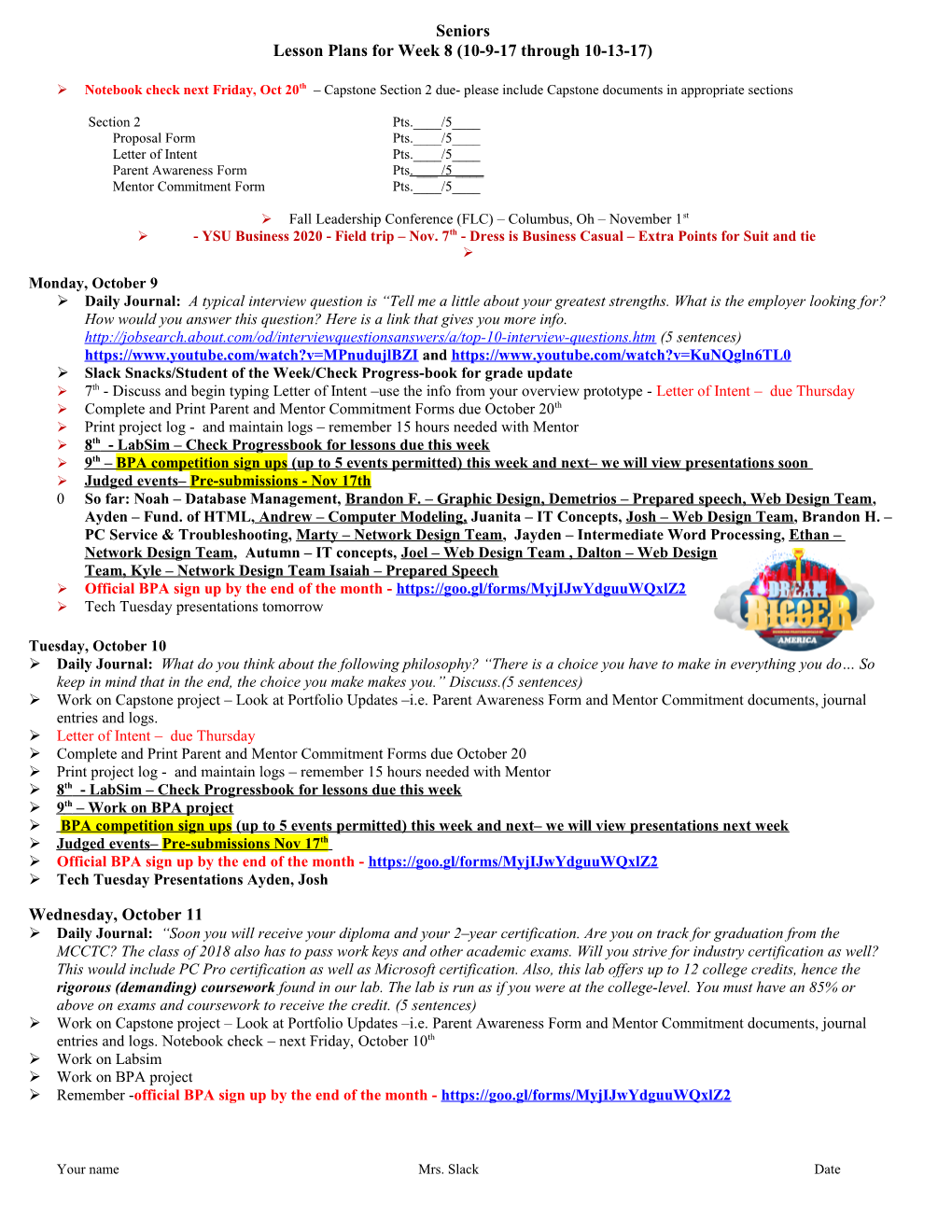 Lesson Plans for Week 10-07-02 Through 10-11-02