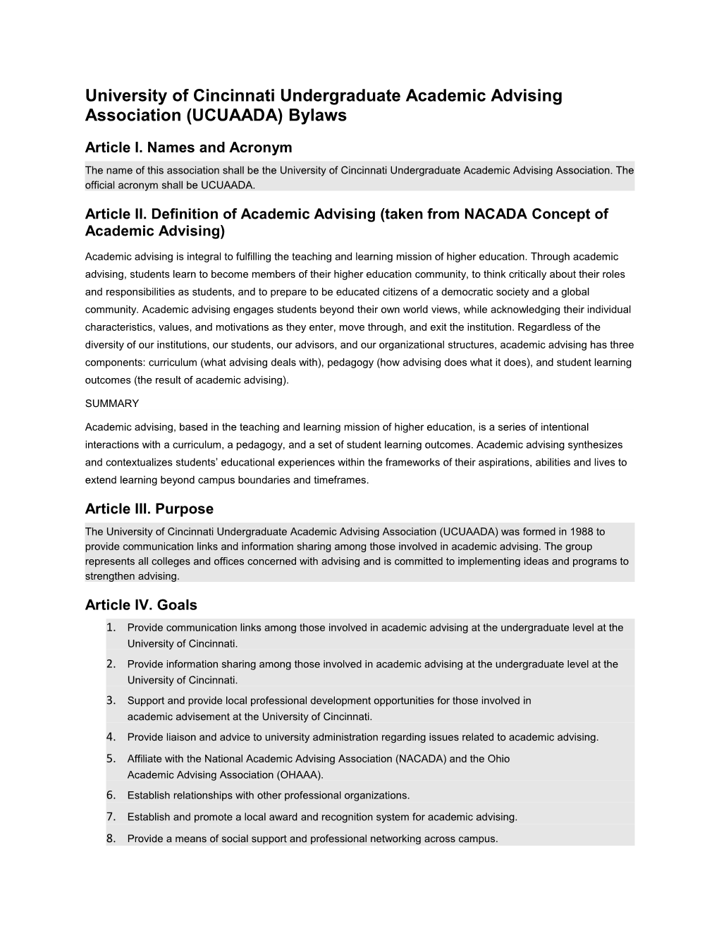 University of Cincinnati Undergraduate Academic Advising Association (UCUAADA) Bylaws