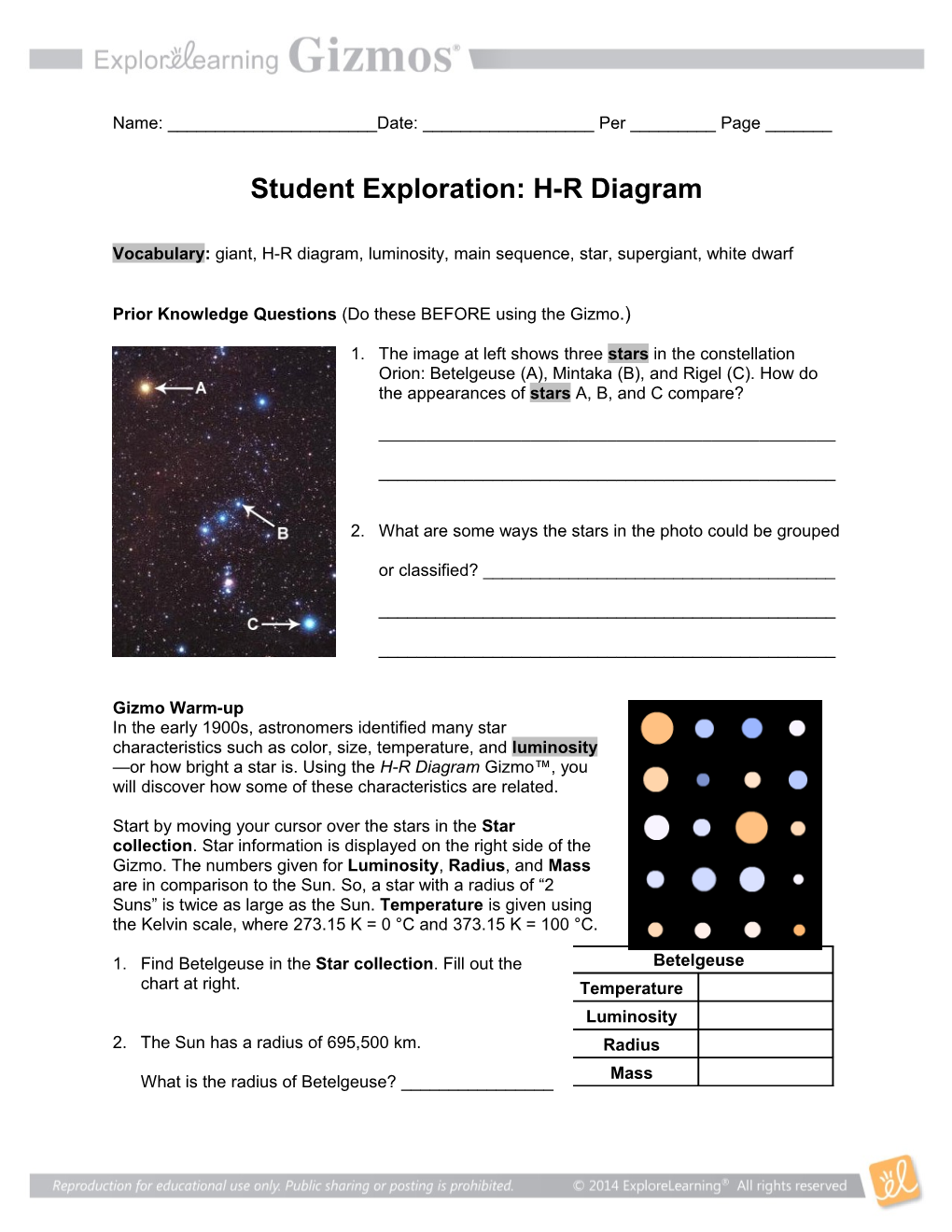 Student Exploration: H-R Diagram