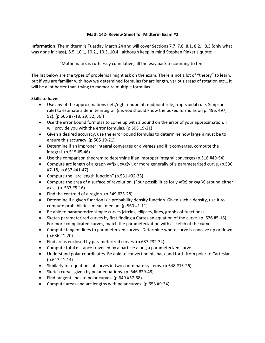 Math 142- Review Sheet for Midterm Exam #2