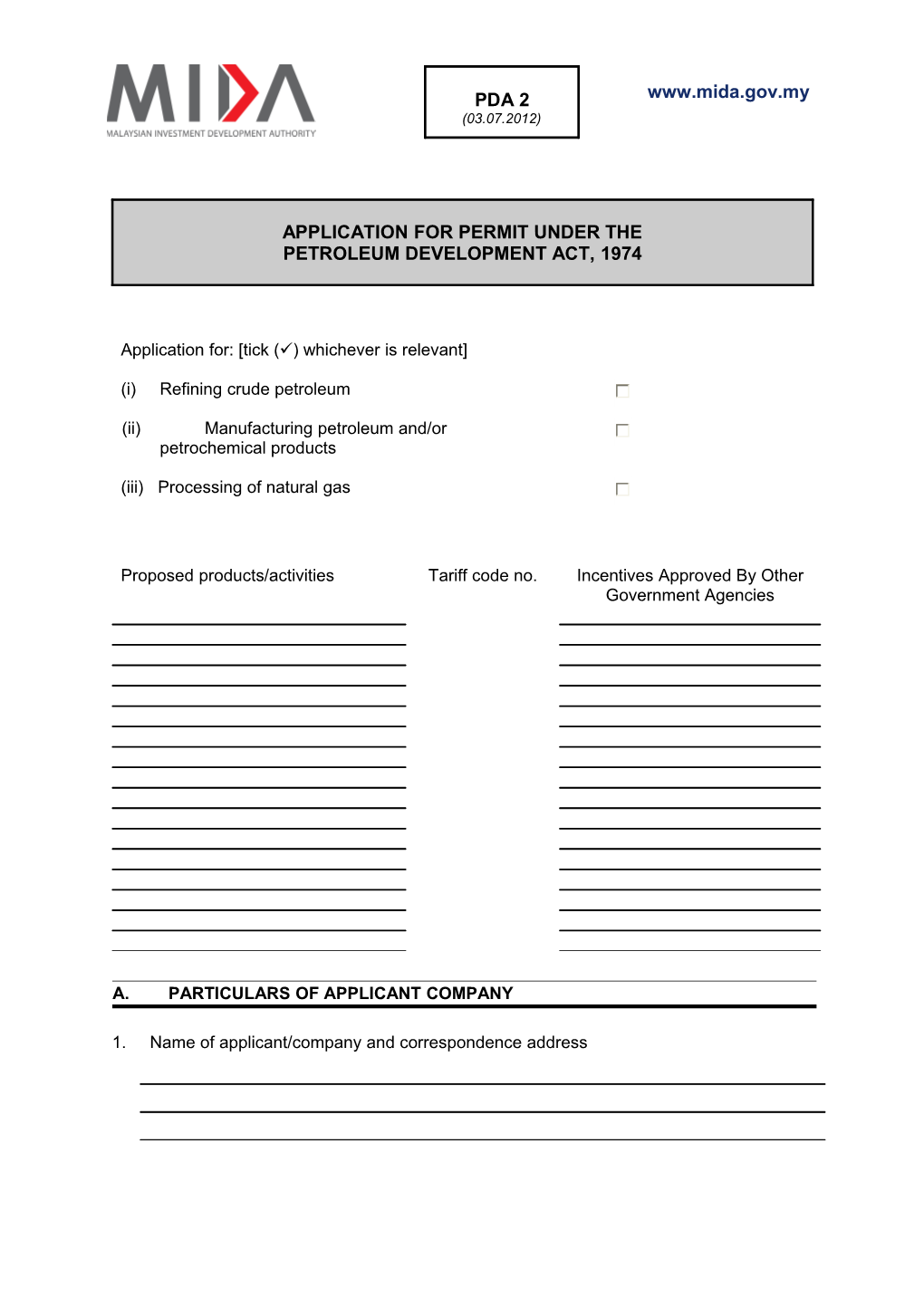 Application for Incentives