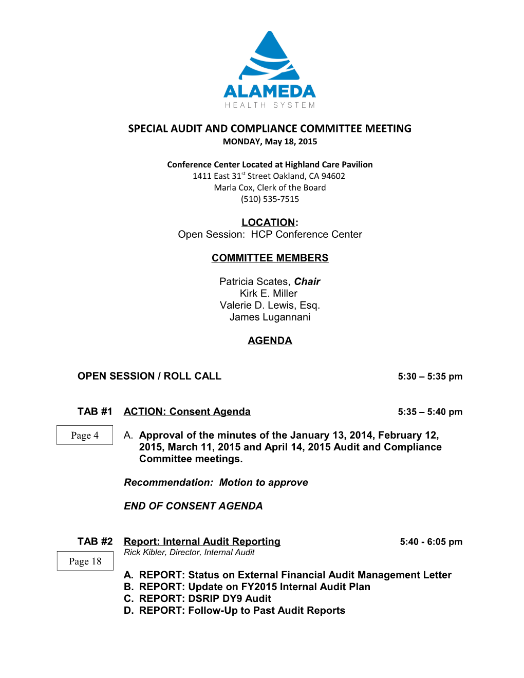 Board of Trustees Special Audit and Compliance Committee Meeting - Agenda