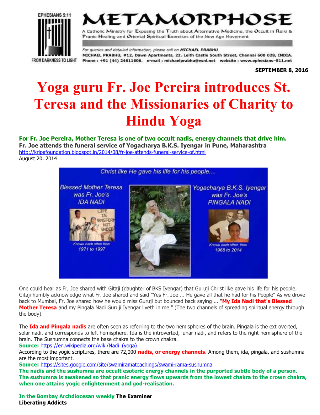 Yoga Guru Fr. Joe Pereira Introduces St. Teresa and the Missionaries of Charity to Hindu Yoga