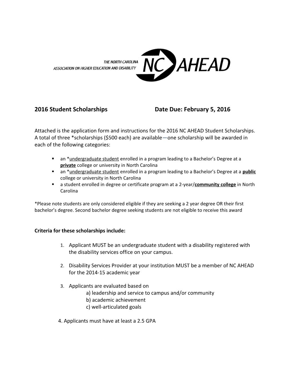 2016 Student Scholarships Date Due: February 5, 2016
