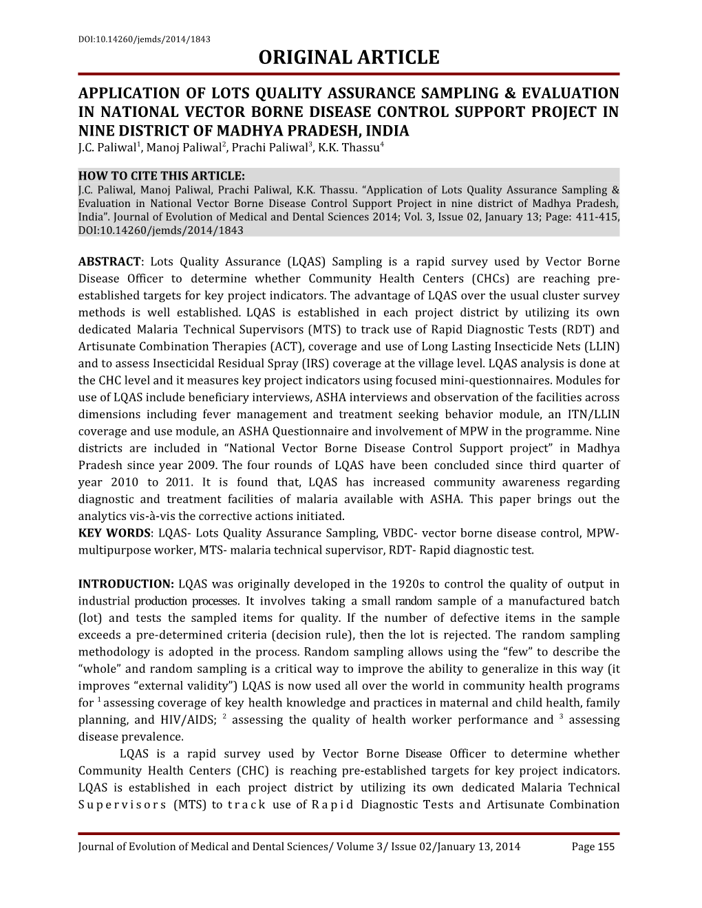 Application of Lots Quality Assurance Sampling & Evaluation in National Vector Borne Disease