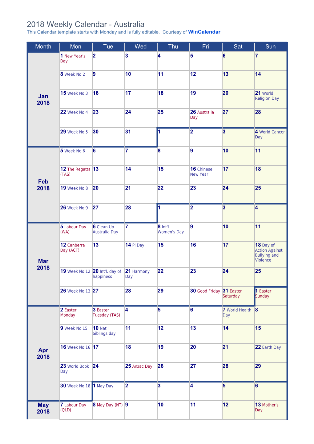 Weekly Calendar 2018 with Festive and National Holidays Australia