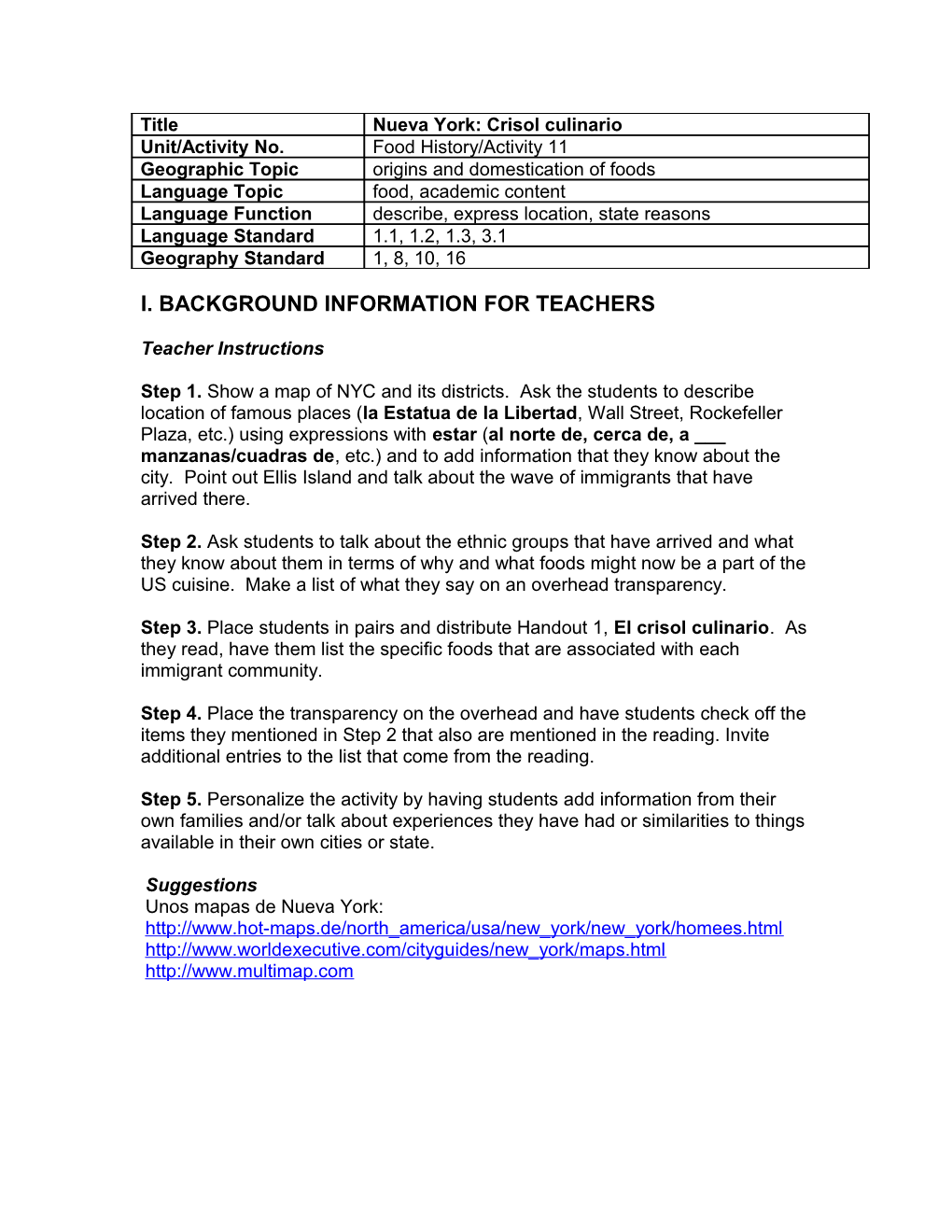 I. Background Information for Teachers
