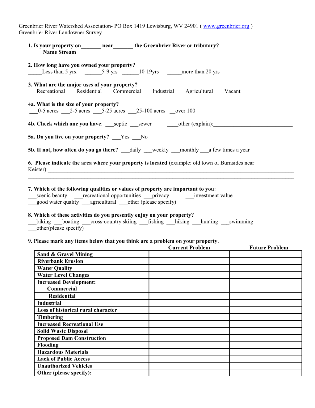 Greenbrier River Landowner Survey