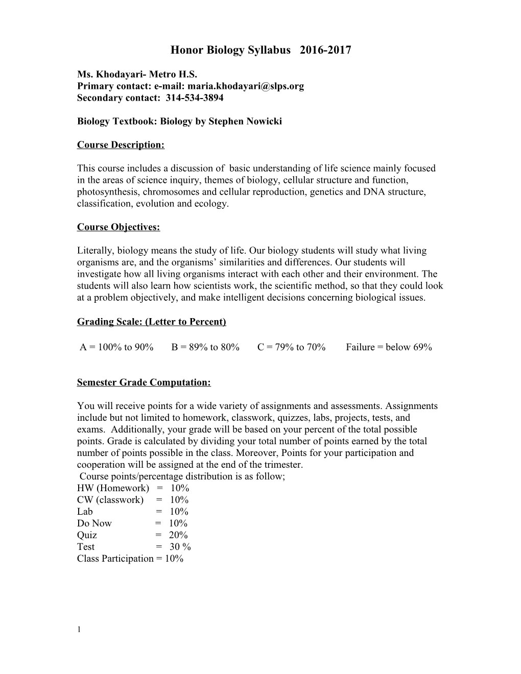 Honor Biology Syllabus 2016-2017