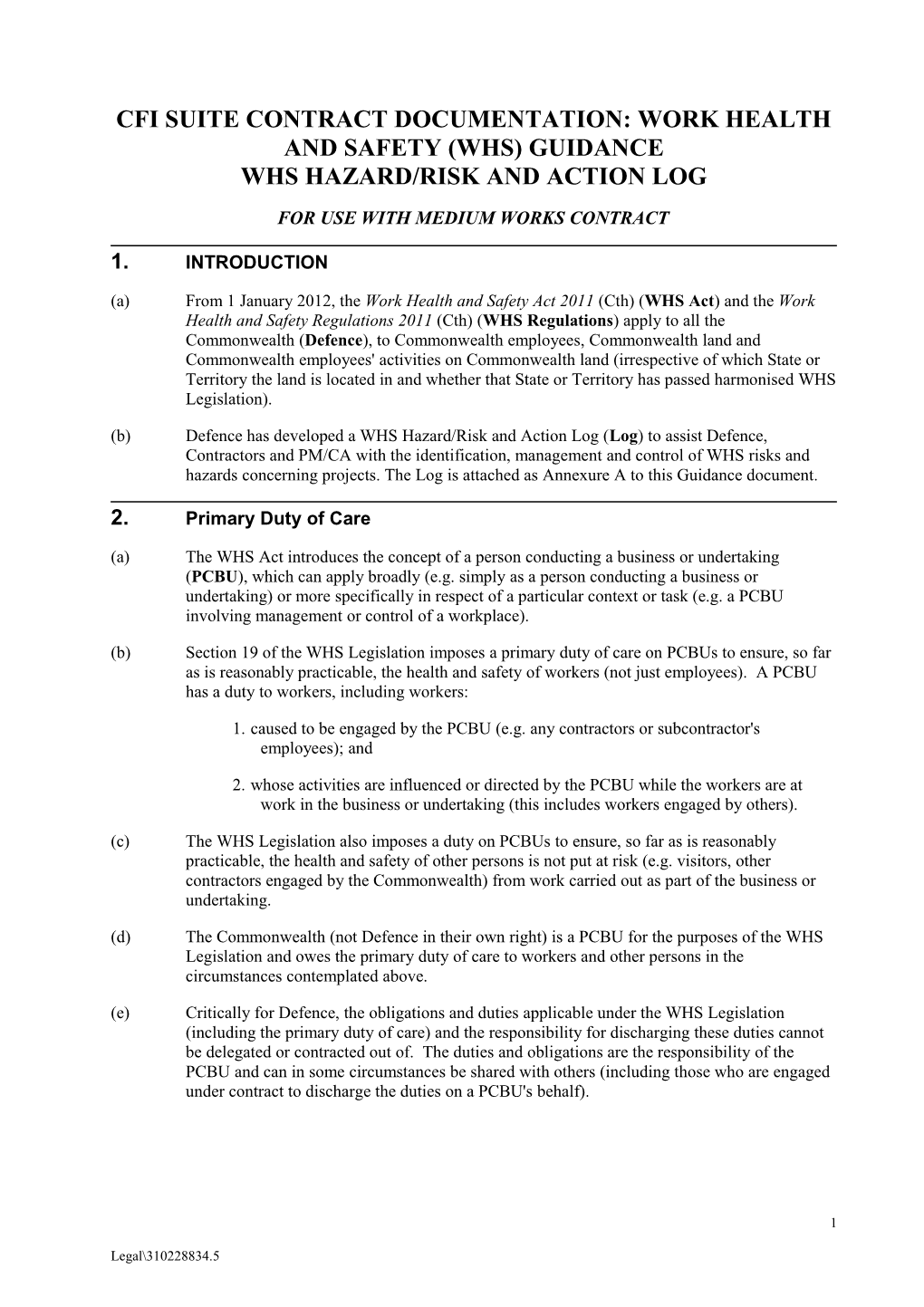 Cfi Suite Contract Documentation: Work Health and Safety (Whs) Guidance