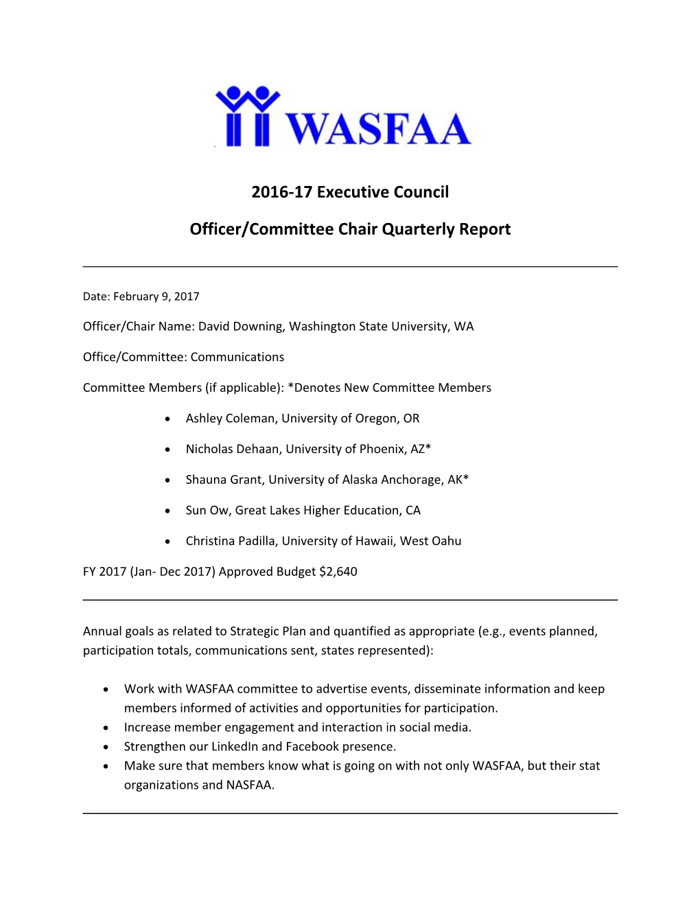 Officer/Committee Chair Quarterly Report