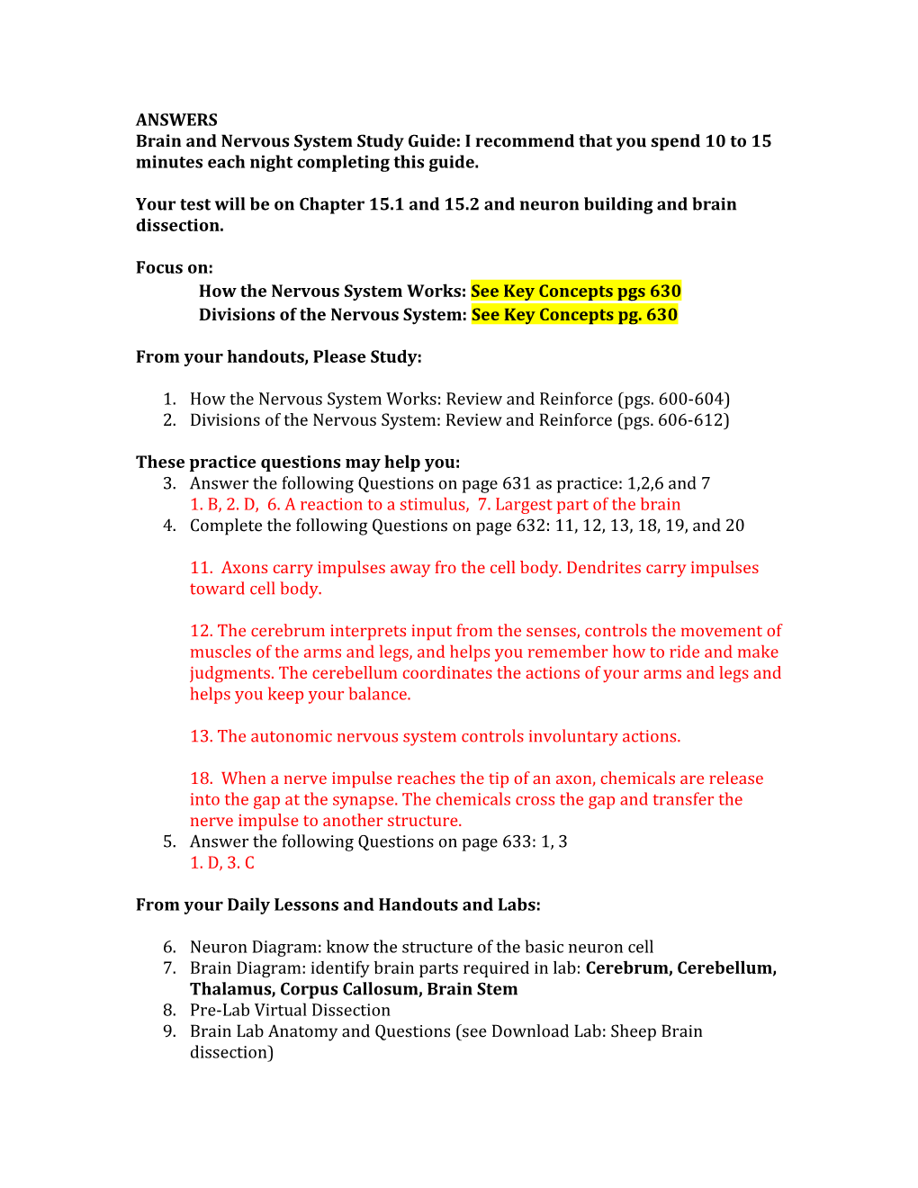 Your Test Will Be on Chapter 15.1 and 15.2 and Neuron Building and Brain Dissection