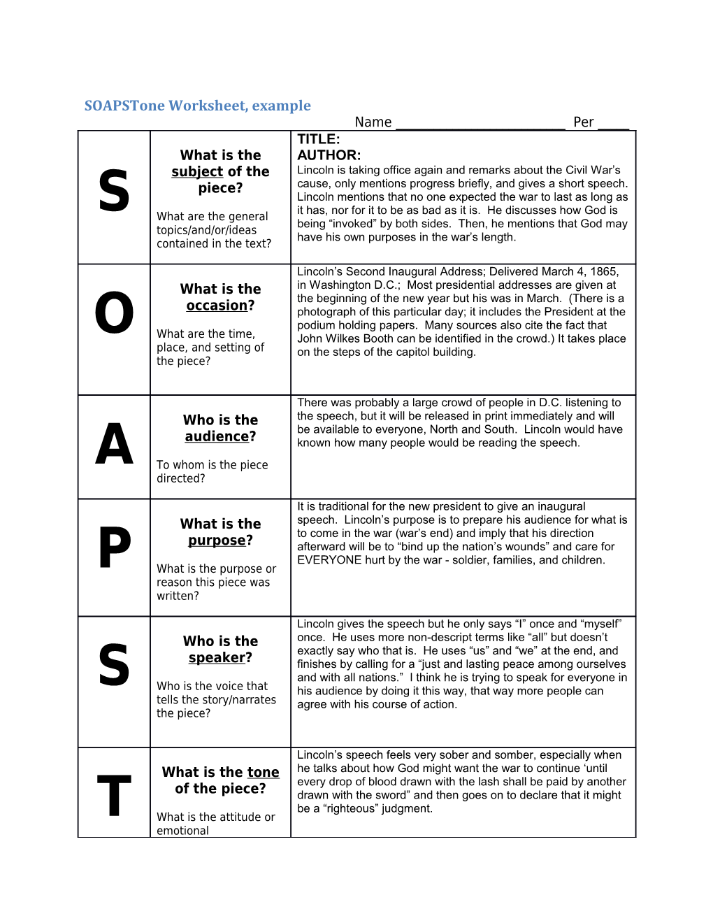 Soapstone Worksheet, Example