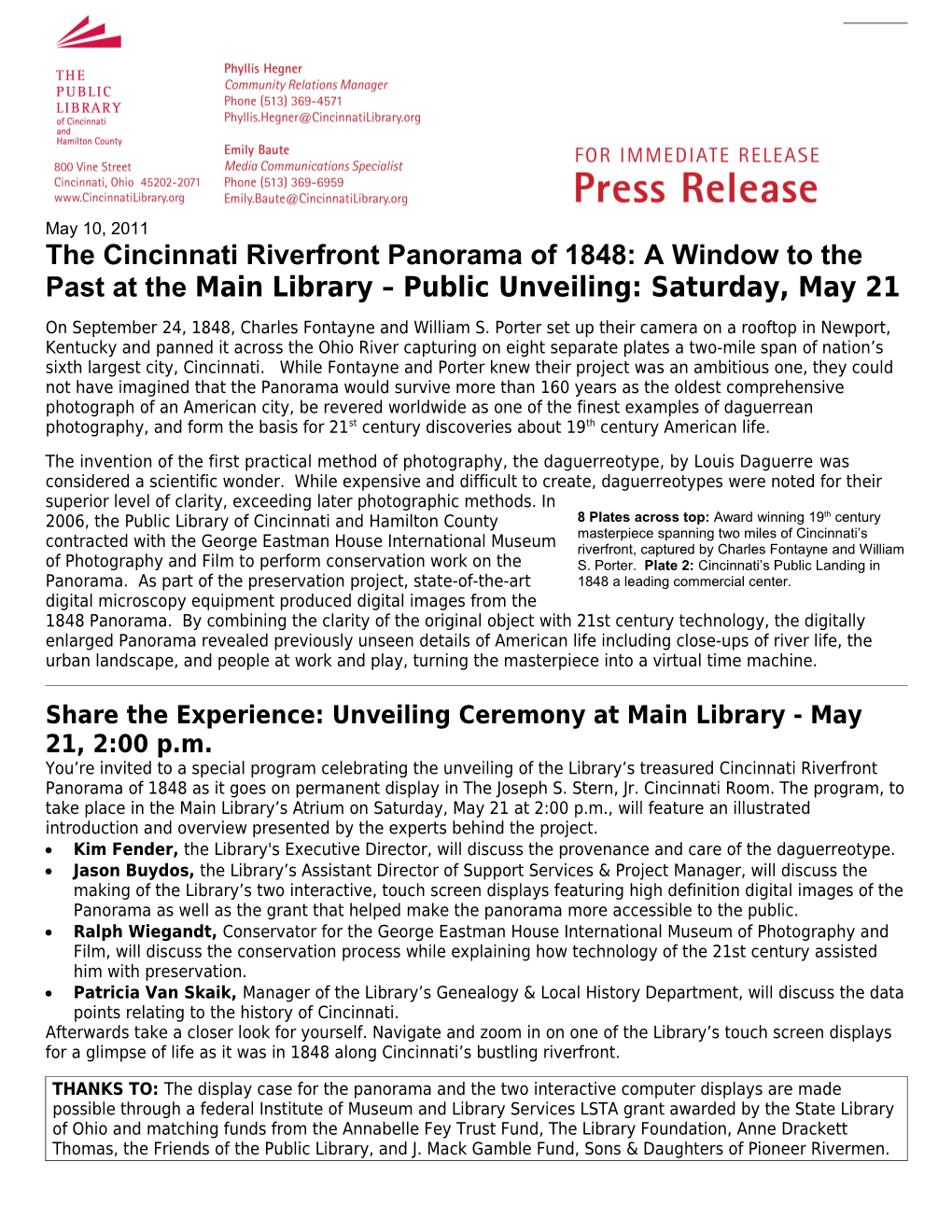 Share the Experience: Unveiling Ceremony at Main Library - May 21, 2:00 P.M