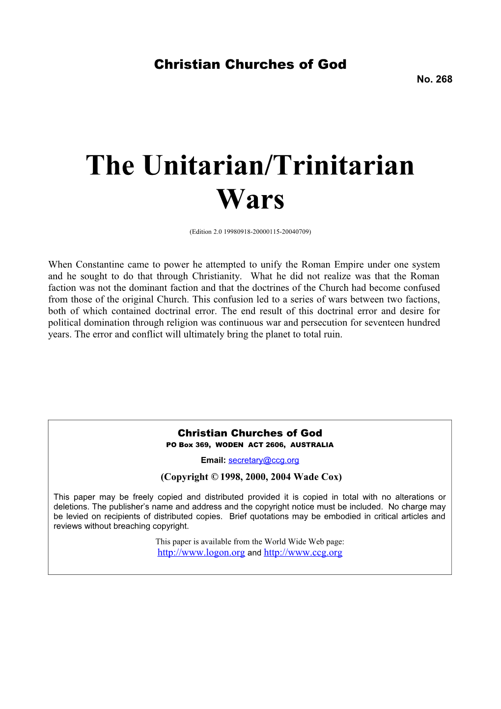 The Unitarian/Trinitarian Wars (No. 268)