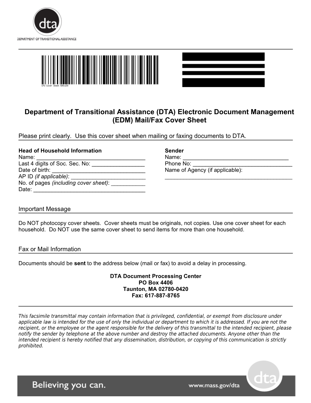 Department of Transitional Assistance (DTA) Electronic Document Management (EDM) Mail/Fax