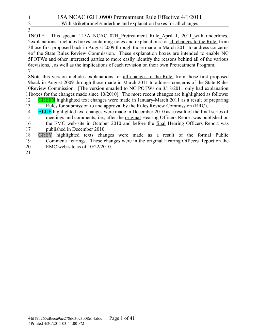 15A NCAC 02H .0900 Pretreatment Rule Effective 4/1/2011