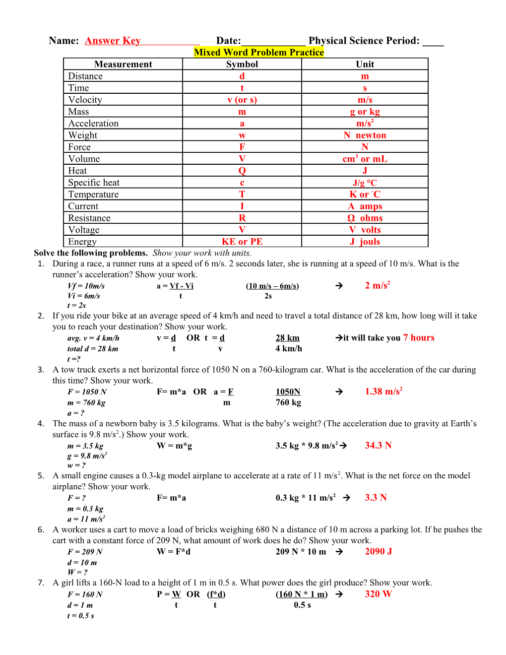 Name: Answer Key Date:______ Physical Science Period: ____