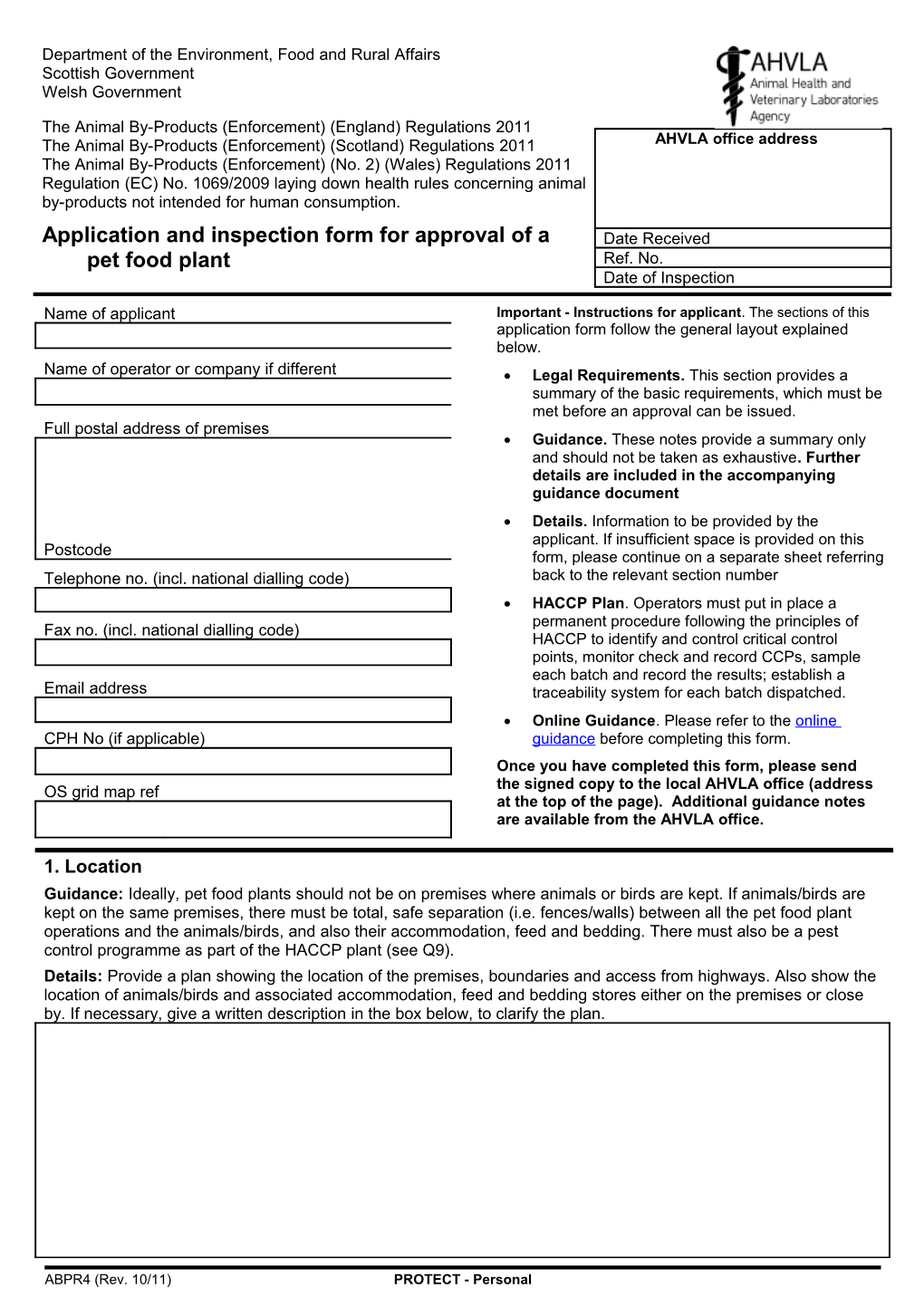 Application and Inspection Form for Approval of a Pet Food Plant