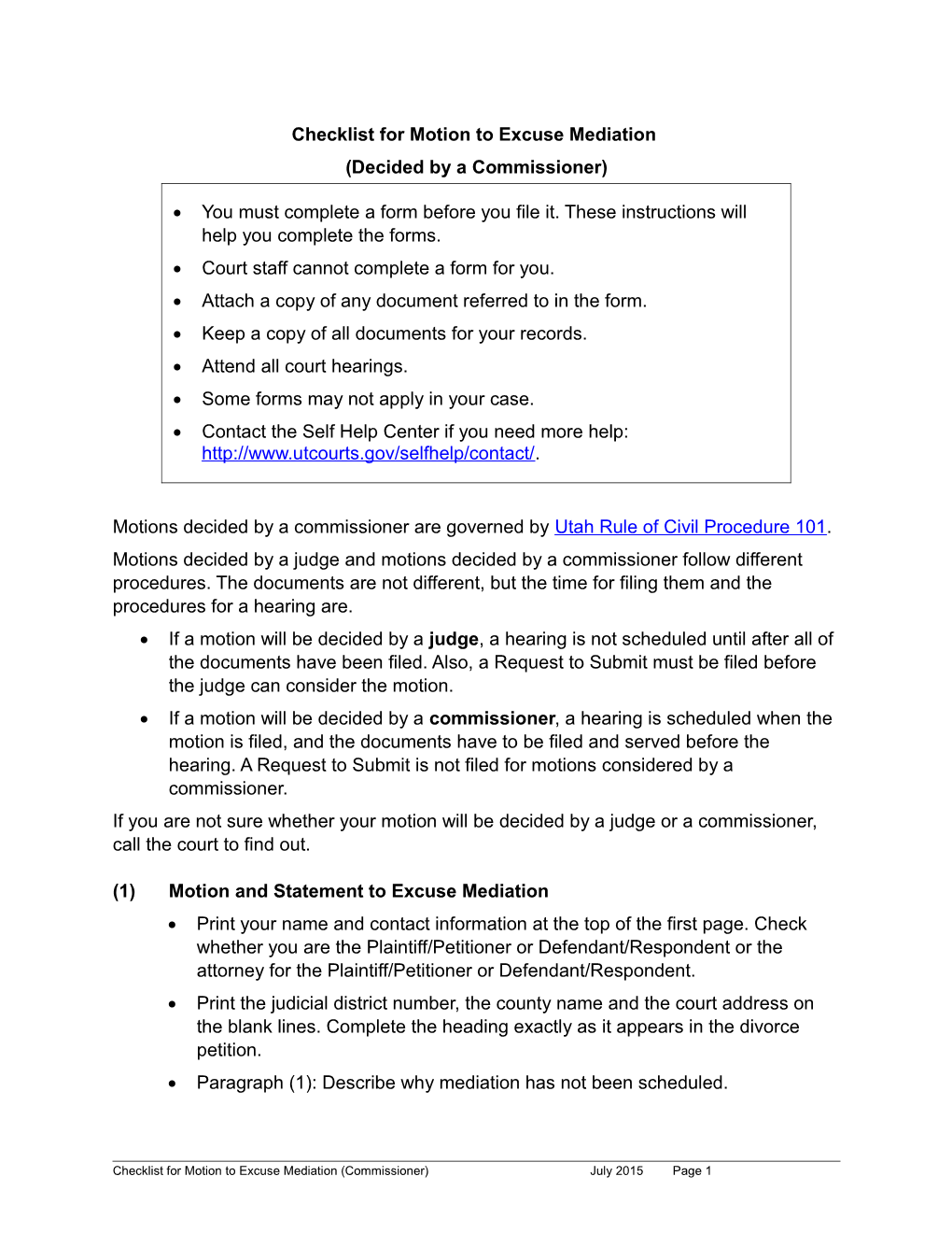 Checklist for Motion to Excuse Mediation (Decided by a Commissioner)