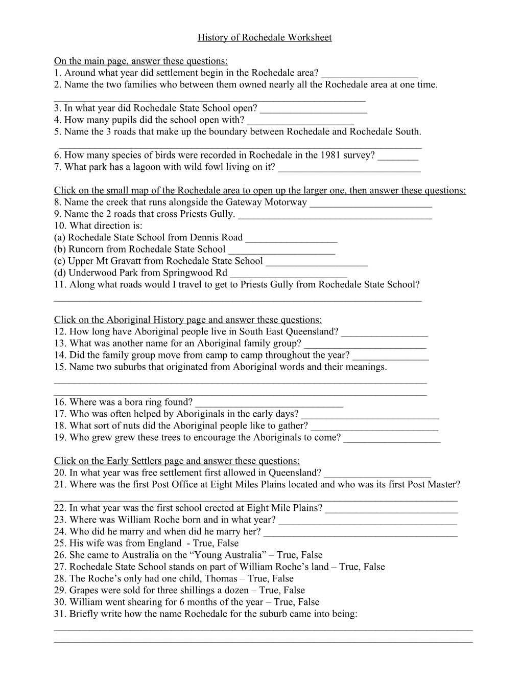 History of Rochedale Worksheet