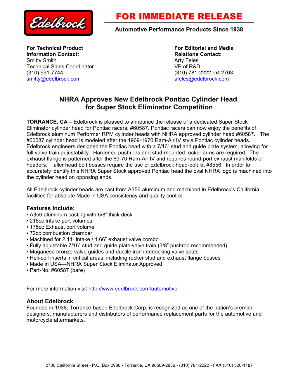 NHRA Approves New Edelbrock Pontiac Cylinder Head