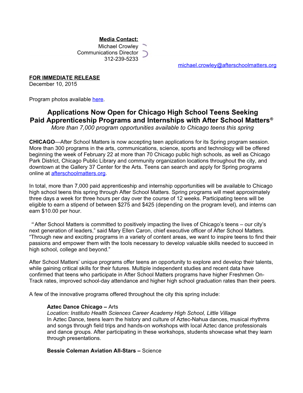 Applications Now Open for Chicago High School Teens Seeking