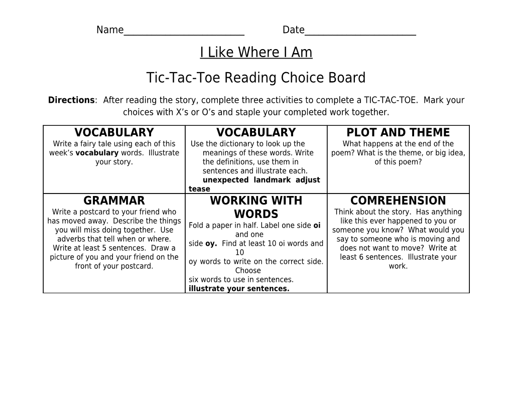 Tic-Tac-Toe Reading Choice Board