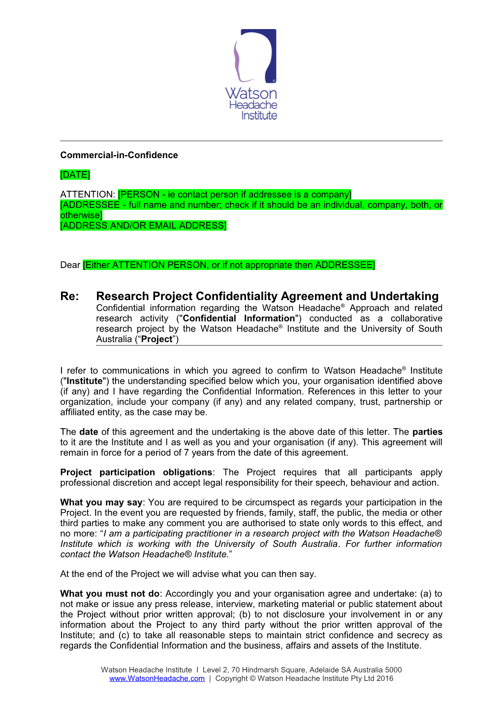 Research Project Confidentiality Agreement & Undertaking