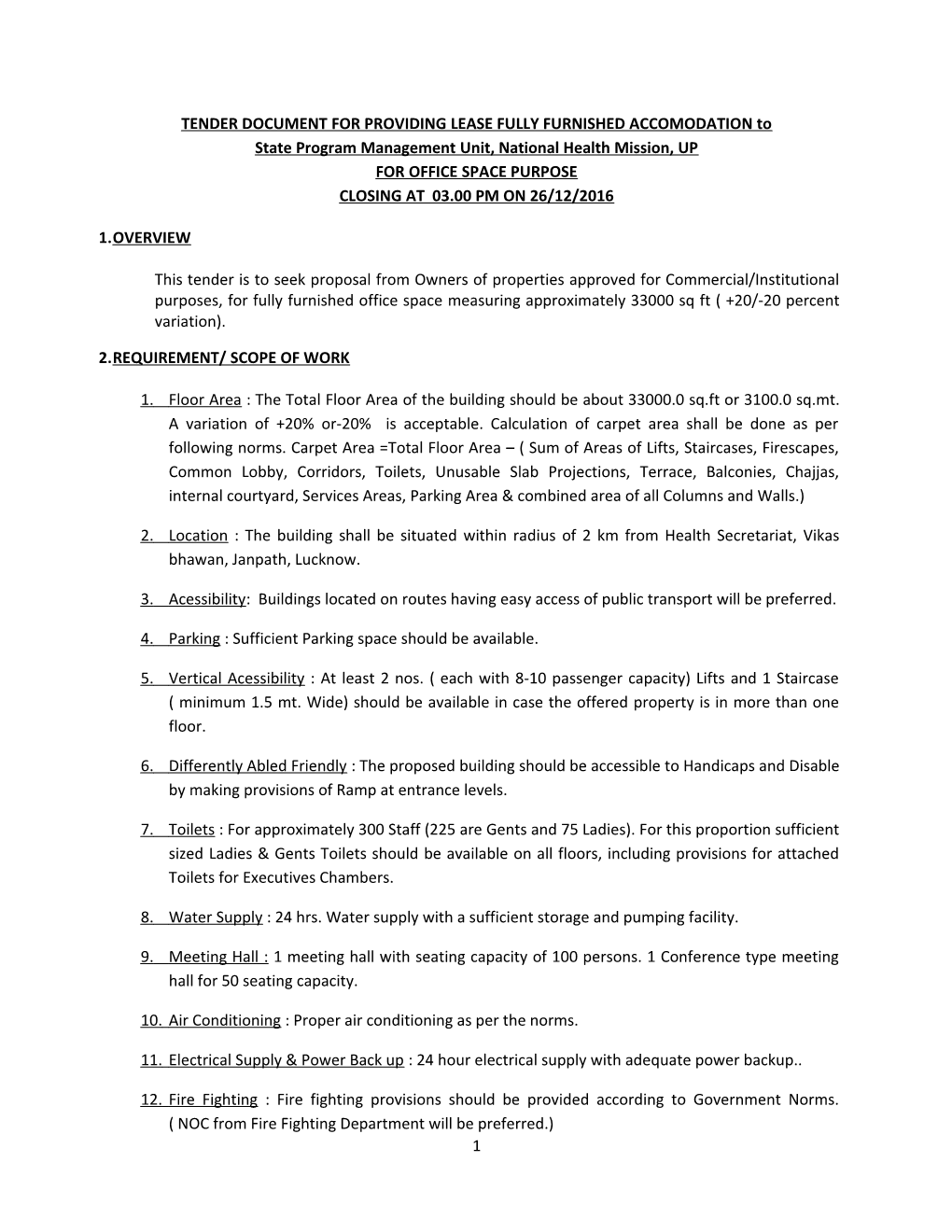 TENDER DOCUMENT for PROVIDING LEASE FULLY FURNISHED ACCOMODATION To