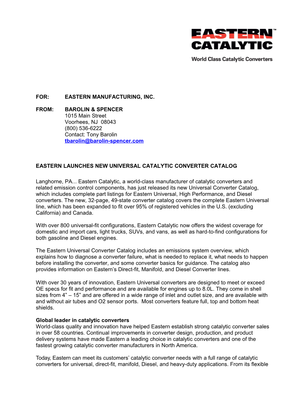 Eastern Launches New Universal Catalytic Converter Catalog