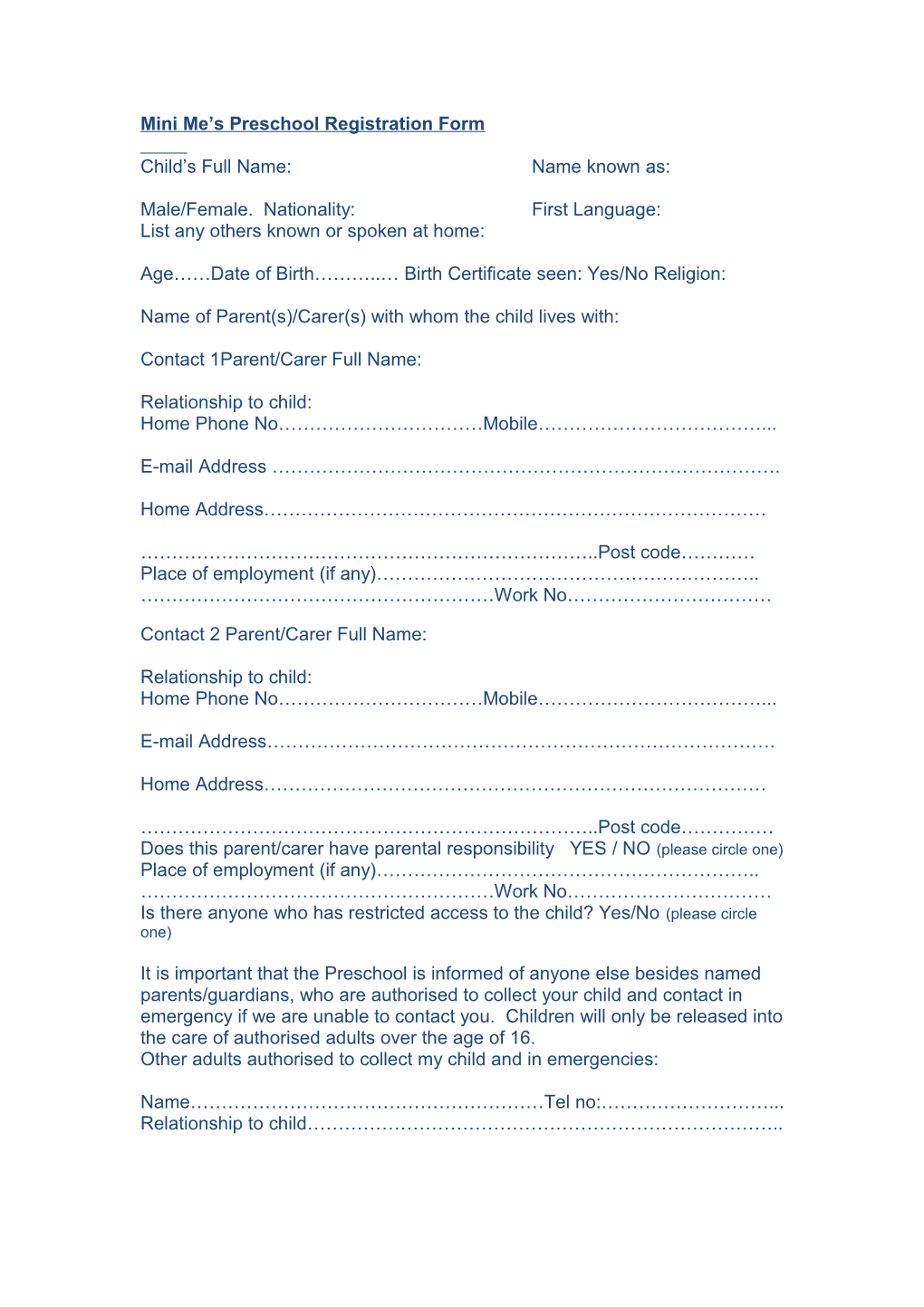 Mini Me S Preschool Registration Form