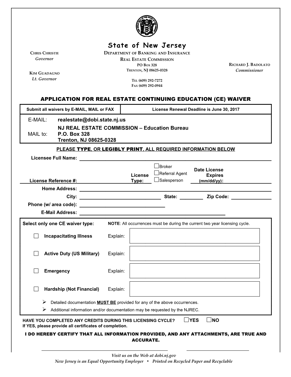 Real Estate Continuing Education Waiver Application