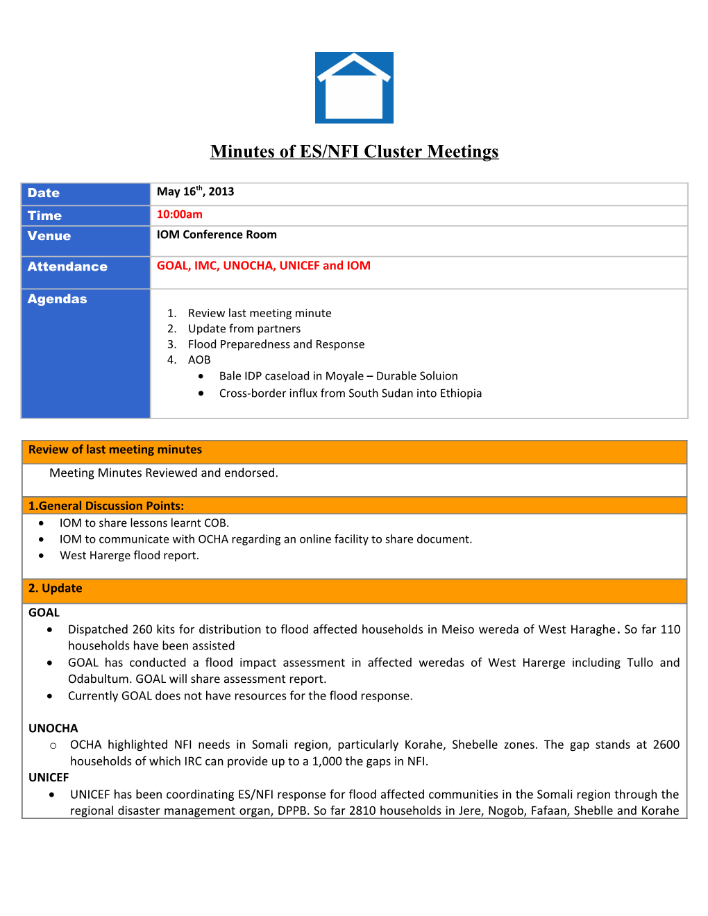 Minutes of ES/NFI Cluster Meetings