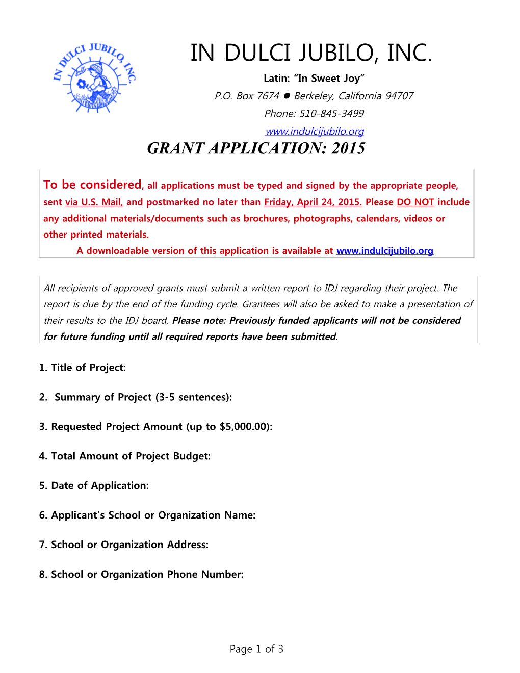 Grant Application: 2015