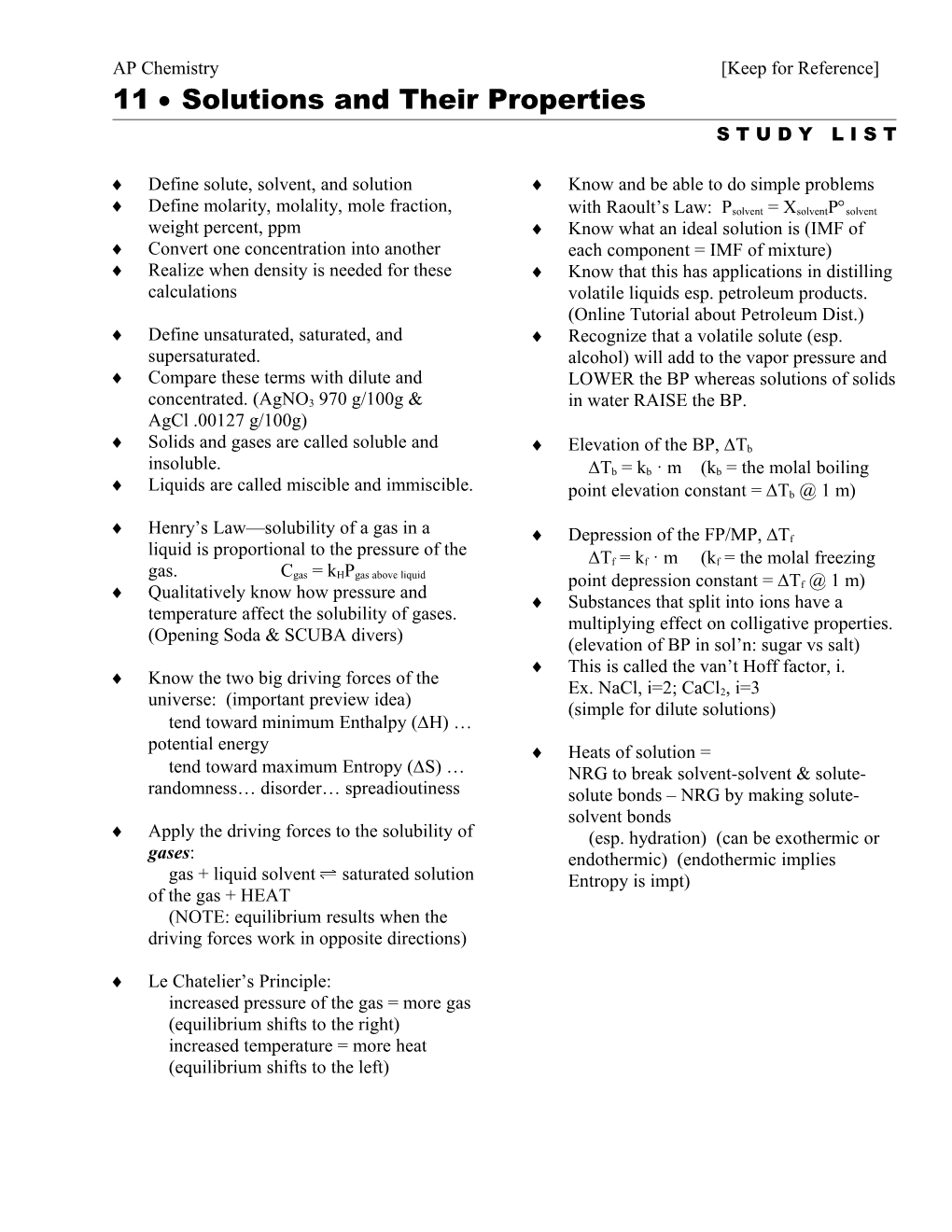 Study List Chapter 14 Solutions and Their Properties