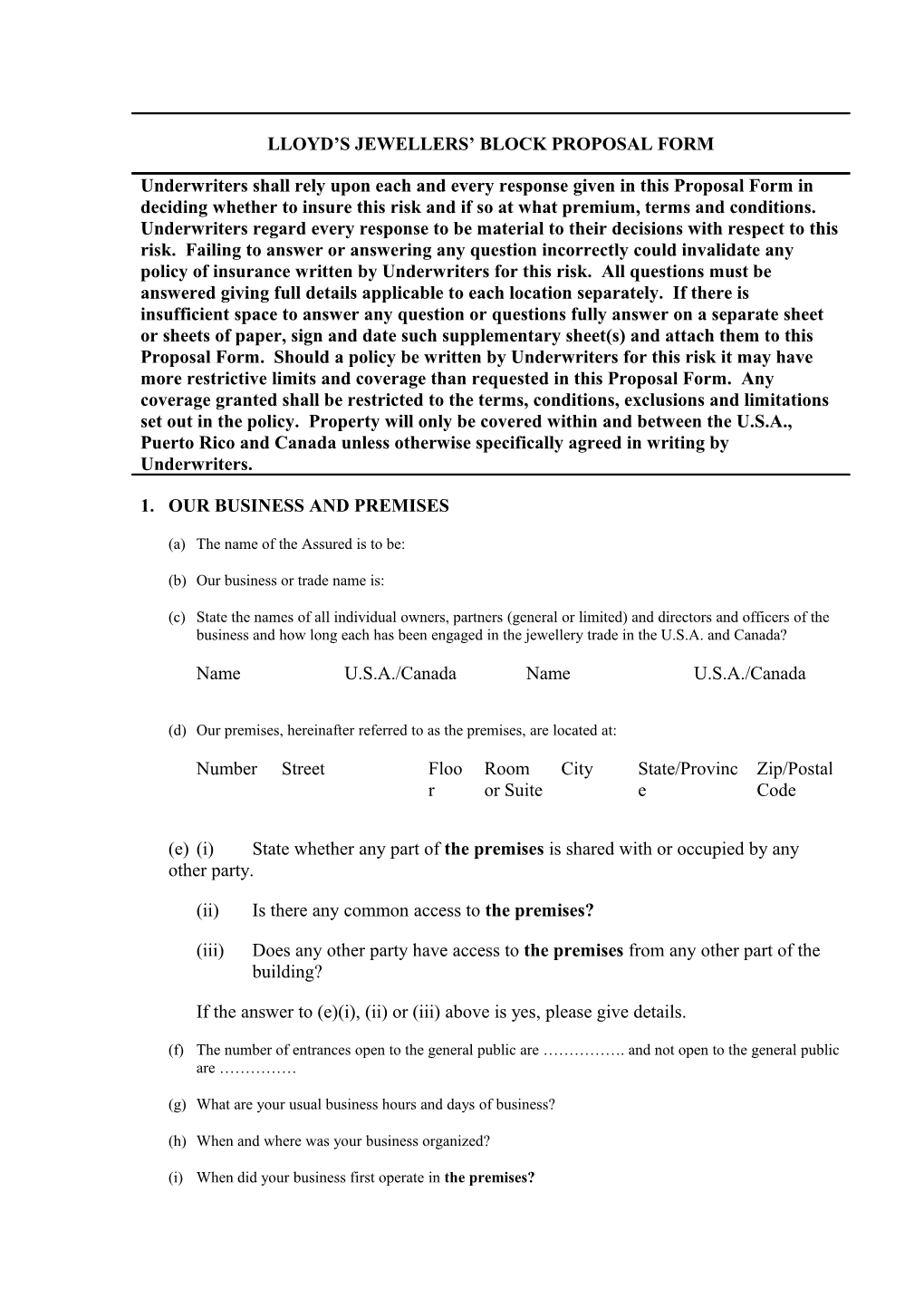 Lloyd S Jewellers Block Proposal Form