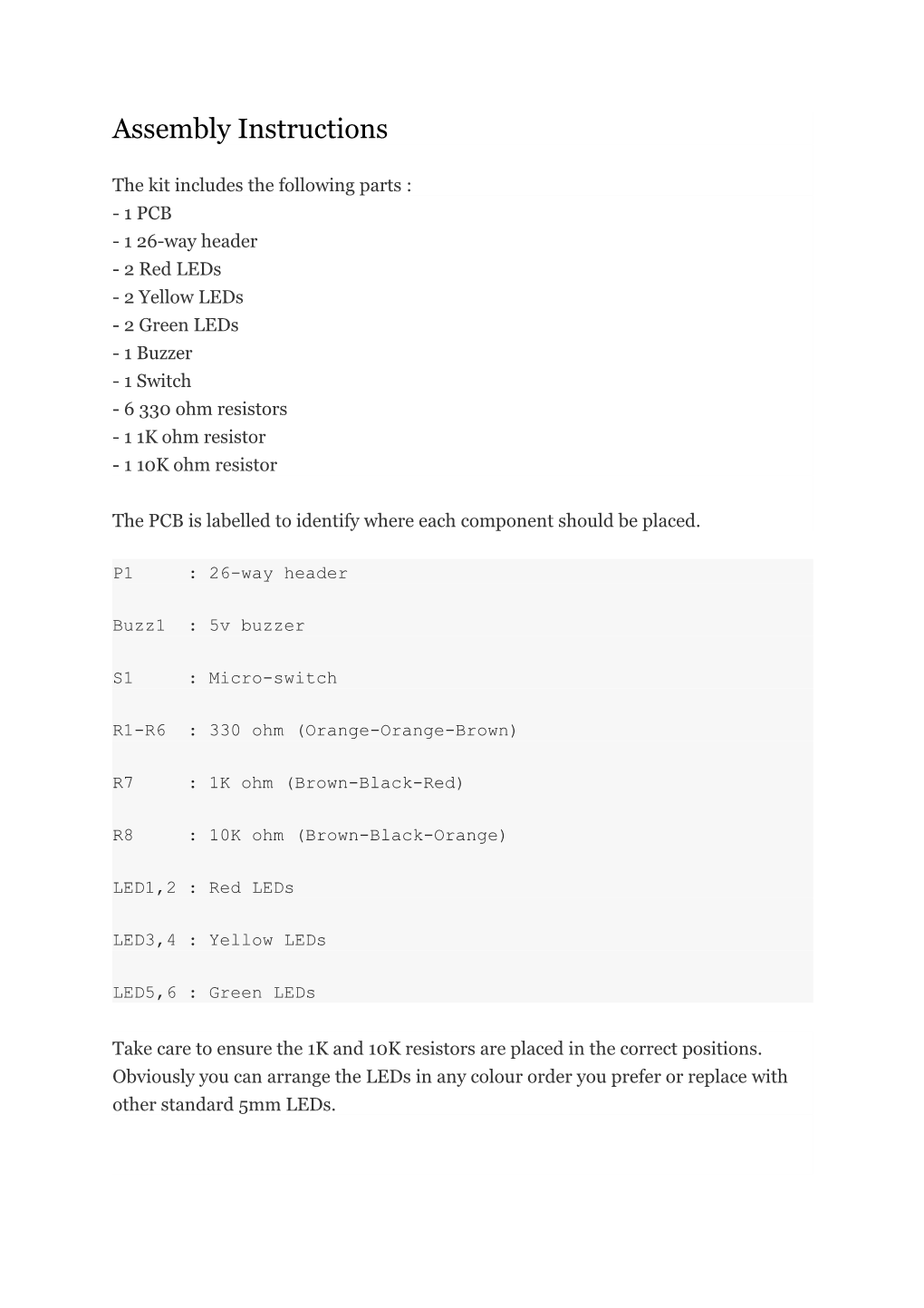 The Kit Includes the Following Parts