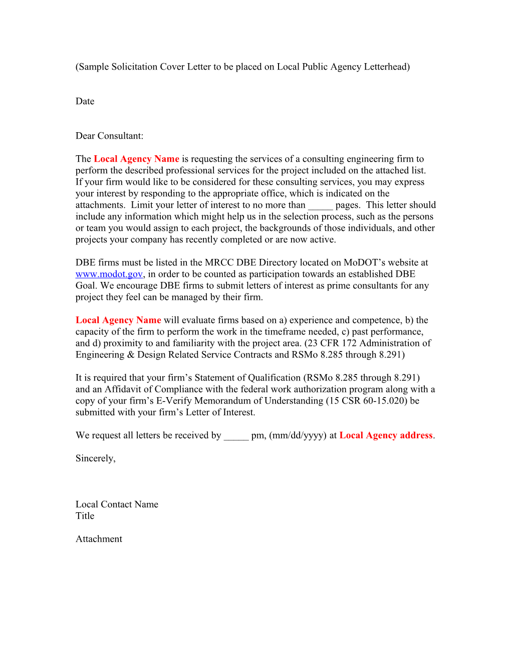 Sample Solicitation Cover Letter to Be Placed on Local Public Agency Letterhead