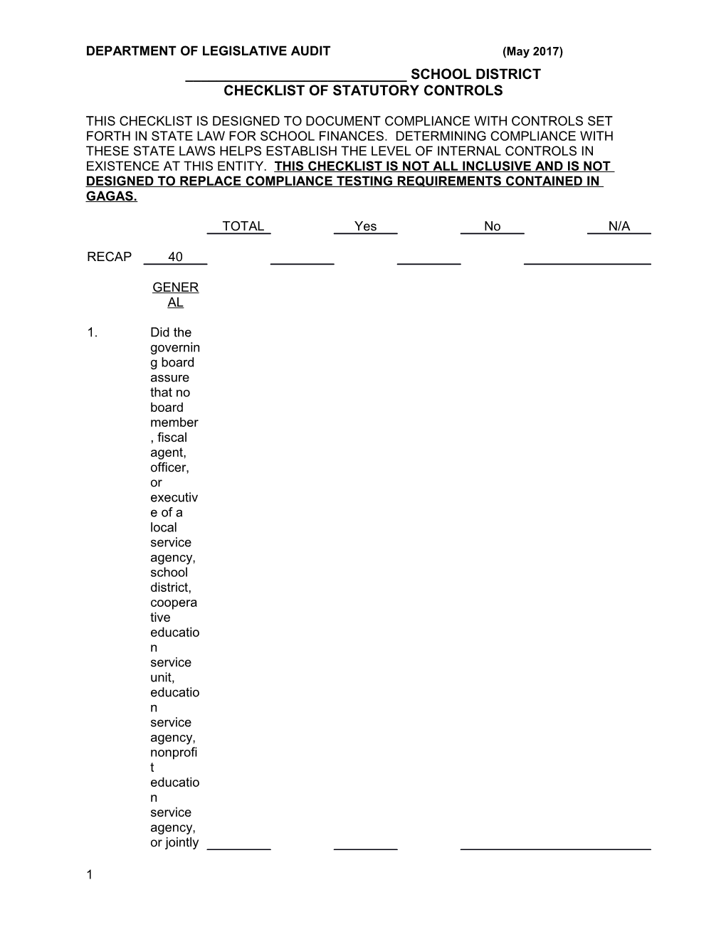 DEPARTMENT of LEGISLATIVE AUDIT (May 2017)