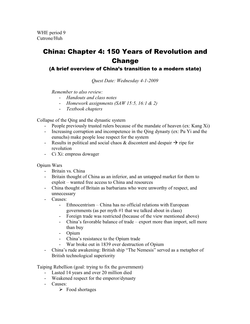 China: Chapter 4: 150 Years of Revolution and Change