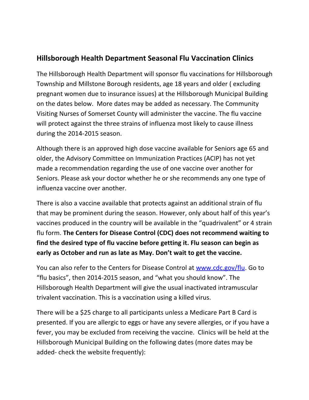 Hillsborough Health Department Seasonal Flu Vaccination Clinics
