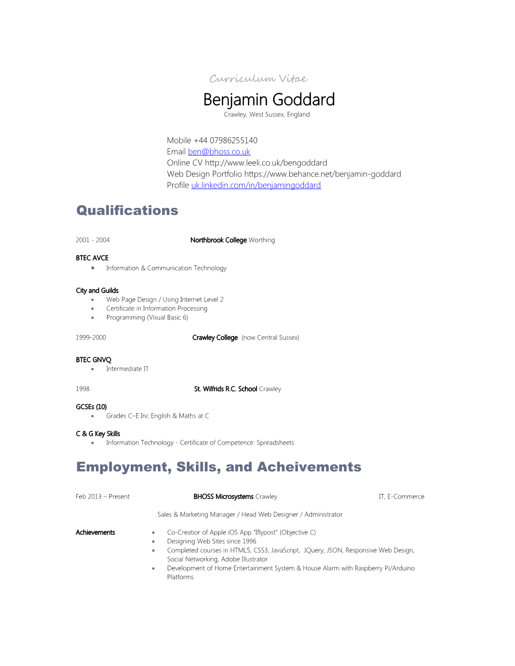 Curriculum Vitae Benjamin Goddardcrawley, West Sussex, England